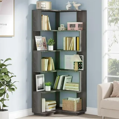 Image de Bibliothèque d'angle - Étagère d'angle - Étagère à livres - Meuble de rangement - Vitrine d'exposition - 6 compartiments - Panneau anti-basculement