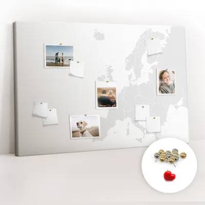Obrázok produktu pre Korková tabuľa Tabuľa na poznámky Tabuľa na špendlíky - učebná pomôcka 120x80 cm - 100ks kovových kolíkov - Mapa Európy