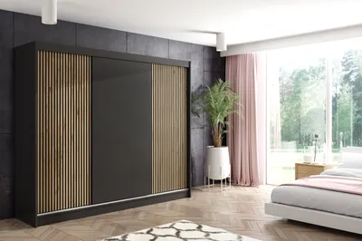 Produktbild von ALTDECOR Kleiderschrank mit Lamel-Schiebetüren, kugelgelagerte Führungsschienen und Aluminium-Leisten - VILO - 250 cm - Schwarz/Lamelle Eiche Wotan