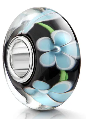 Produktbild von MATERIA by Matthias Wagner Glas Bead Blumen schwarz hellblau mit Hülse aus Silber für Beads Armbänder & Ketten 1049