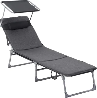 A dark gray chaise lounge with a sunshade and headrest, shown against a white background.