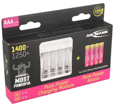 Immagine prodotto di Set Ansmann Pure Power, caricabatterie con 4 batterie ricaricabili Micro AAA da 1,5 V agli ioni di litio, cavo di ricarica USB-C incluso