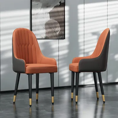 Two dining chairs are shown in a room with a painting on the wall and striped blinds casting shadows.