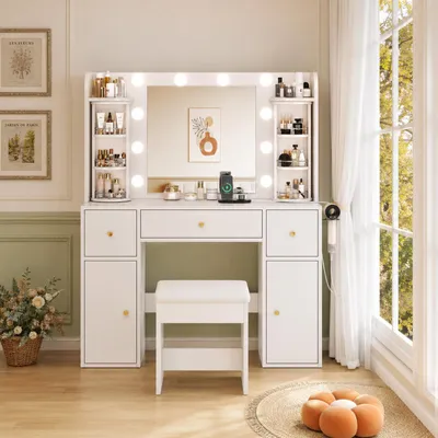 Imagen del producto de Tocador de 115x141x40 cm, con espejo, luces LED regulables, organizador de joyas, puerto USB-C, soporte para secador de pelo, 3 cajones y 2 armarios