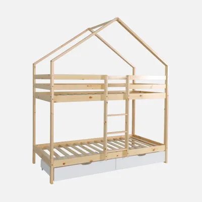 Produktbild von sweeek - Kinder-Etagenbett Hausbett 90 x 190 cm aus naturbelassenem Kiefernholz mit Schubkästen - Weiß