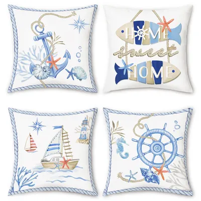 Produktbild von Set mit 4 doppelseitigen Kissenbezügen mit nautischem Ankermotiv, Denim-Optik, Polyester-Leinen, blau, dekorative Kissenbezüge für Sofa, Schlafzimmer, Wohnzimmer, Wohnaccessoires