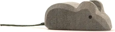 A gray wooden toy mouse with a dark green string tail, isolated on a white background.