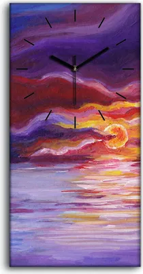 Produktbild von Leinwand Wanduhr Wandkunst Uhr 30x60 Landschaft Sonnenuntergang am Wasser - schwarze Hände