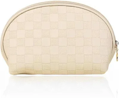 Image de Trousse à maquillage beige et multicolore avec des options de rangement et de transport.