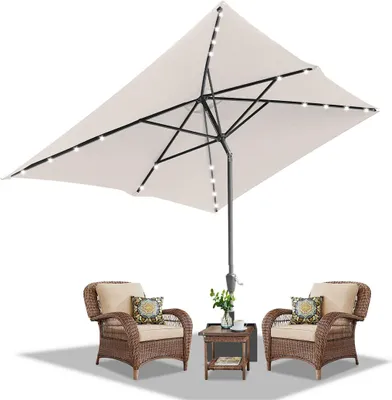 Zdjęcie produktu dla Izrielar Parasol ogrodowy 200 x 300 cm, ochrona przeciwsłoneczna UV50+, parasol ogrodowy/plażowy z oświetleniem LED zasilanym energią słoneczną, składany, czasza z powłoką PA, beżowy
