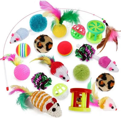 Produktbild von 20 Stück Katzenspielzeug Set, Katzen Spielzeug inkl. Angel Feder Ball Maus Bälle