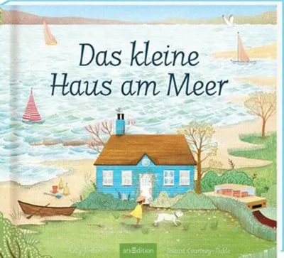 A children's book cover illustration depicting a small blue house by the sea with sailboats in the background.