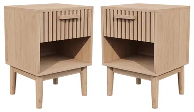 Image de Table de chevet - Ensemble de 2 pièces - Table de chevet - 2 tiroirs - Bois - Style minimaliste et moderne - Bois naturel - Pour chambre à coucher
