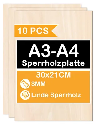 Zdjęcie produktu dla Aopunly 10–50 arkuszy A3/A4 | 420 x 300 x 3 mm | Cienkie arkusze sklejki | Idealny materiał do wycinania piłą do wycinanek, pirografii, cięcia laserowego, wycinanek oraz frezowania CNC
