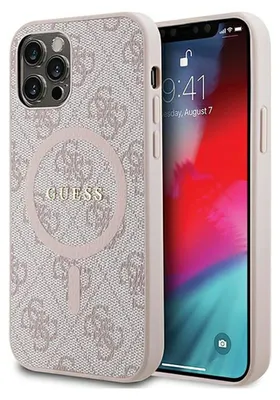 Produktbild von GUESS Handyhülle passend für IPHONE 12 / 12 Pro kompatibel mit MagSafe GUHMP12MG4GFRP (4G Ring classic logo) rosa
