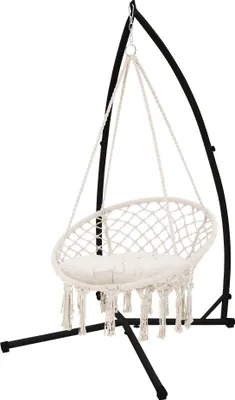 Produktbild von ML-Design Hängesessel Beige mit Gestell 208 cm, Hängestuhl mit Makramee, bis 120kg