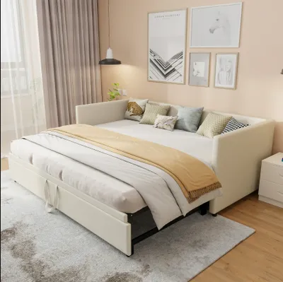 Produktbild von CDGlobal Tagesbett 90x200cm/180x200cm Ausziehbett, Erweiterbares Schlafsofa mit Lattenrost und Armlehnen, Samt Polsterbett Kinderbett Sofabett, Beige