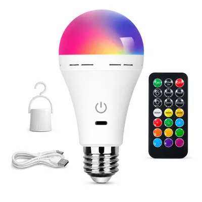 Produktbild von E27 LED-RGB Glühbirne mit Fernbedienung, 2600mAh-Akku, USB-wiederaufladbar, dimmbar, Timer, 3 Farbtemperaturen, kabellos,mit Haken,Ambientebeleuchtung