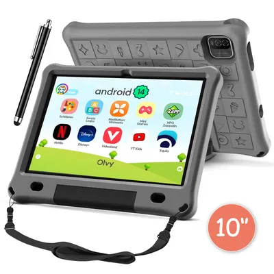 A tablet with a stylus and a strap, displayed on a white background.