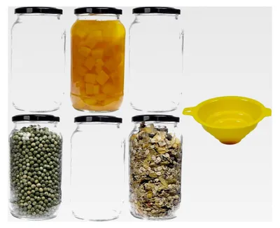 Produktbild von 6 Stück Einmachglas 1 Liter mit schwarzem Deckel und Trichter