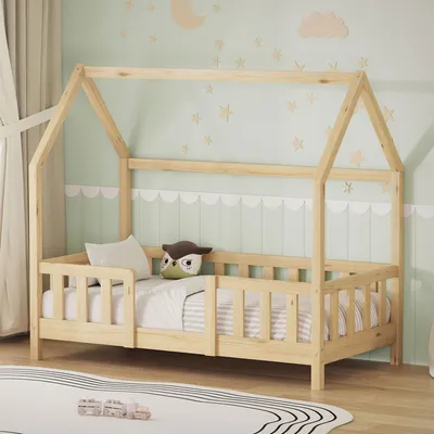 Produktbild von ML-Design Kinderbett 70x140cm mit Rausfallschutz, Dach & Lattenrost Natur Montessori Bodenbett aus massivem Kiefernholz Hausbett für Mädchen & Jungen