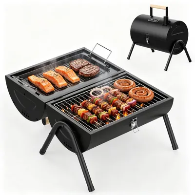 Image de Barbecue compact en forme de fût, avec poignée en bois