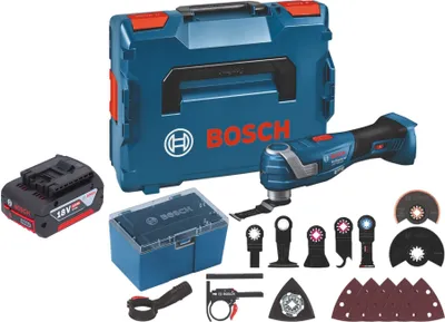 Produktbild von Bosch GOP 18V-34 Professional Akku Multi Cutter 18 V Starlock Plus + 1x Akku 4,0 Ah + 17 tlg. Zubehör + L-Boxx - ohne Ladegerät