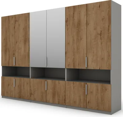 Produktbild von Meblast | Kleiderschrank 330x230 cm mit 2 Spiegeln - Platin Grau/Eiche Lefkas - Garderobe mit Regalen, Schubladen und Kleiderstange | Modernes Design