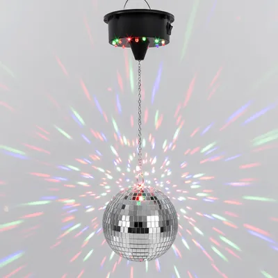 Immagine prodotto di Sfera da discoteca con motore rotante alimentato a batteria e illuminazione LED colorata - 15 cm - Sfera a specchio rotante con sfaccettature in vetro vero color argento