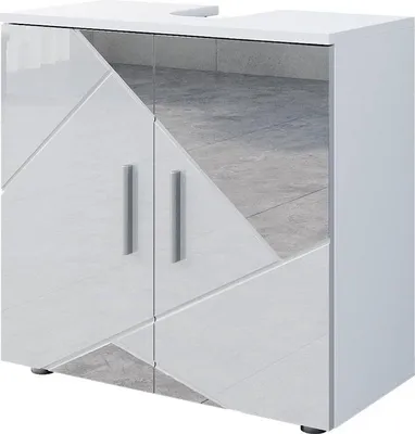 A white high-gloss vanity cabinet with mirrored geometric inserts.