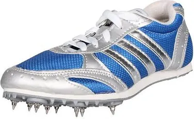 A single running shoe with spikes on the sole.