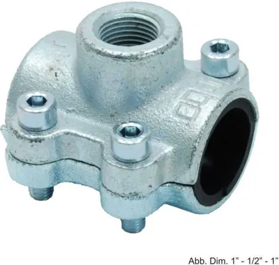 A single pipe fitting clamp on a white background.