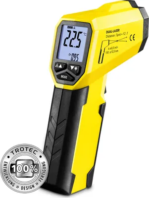 A yellow and black digital infrared thermometer is shown against a white background.