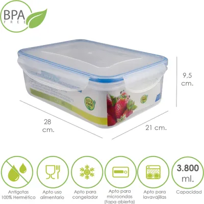 Immagine prodotto di Contenitore rettangolare ermetico in plastica da 3.800 ml. 28x21x9,5 (H) cm.