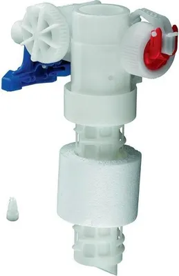 A white toilet fill valve with blue and red accents, shown against a white background.
