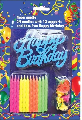 Obrázek produktu pro Svíčky na dort 24ks neonové s nápisem Happy Birthday