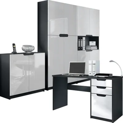 Produktbild von Vladon Büromöbel Arbeitszimmer komplett Set Logan,  Germany, Korpus in Schwarz matt / Fronten in Weiß Hochglanz