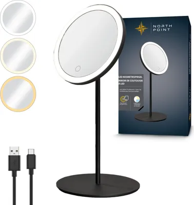 Produktbild von LED Akku Kosmetikspiegel 5-fach 3 Lichtfarben stufenlos dimmbar Touch Metallgehäuse schwarz