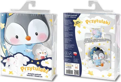 Obrázok produktu pre Detská posteľná bielizeň obojstranný motív detský tučniak v pyžame plyšová hračka hviezdy oblaky sivá biela prikrývka 100x135 cm + vankúš 40x60 cm 100 % bavlna