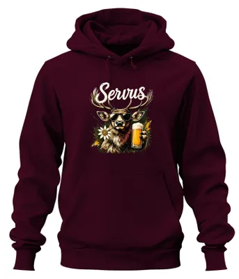 Imagen del producto de Camiseta de estilo tradicional bávaro "Servus Hirsch", para cerveza, con estampado, pantalones de cuero, vestido tradicional "Dirndl", sudadera con capucha, color burdeos, talla XL
