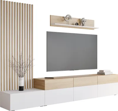 Produktbild von MIRJAN24 Wohnwand Narezi II, Stilvoll Wohnzimmer-Set, TV-Schrank, Modern Mediawand (Weiß / Eiche Cremona)