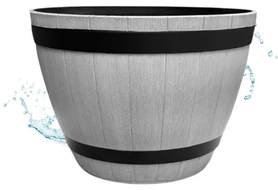 Produktbild von Große Holzfass-Optik Pflanzschale grau für draußen 51 x 36 cm