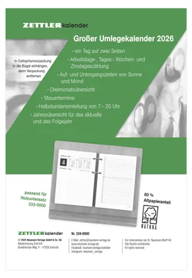 Produktbild von Großer Umleg-Kalender 2026 10,5x14,2 cm 1 Tag auf 2 Seit.
