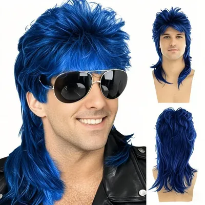 Immagine prodotto di Parrucca mullet da uomo, stile anni '70-'80, ideale per Halloween, cosplay, feste. Colore blu, materiale sintetico