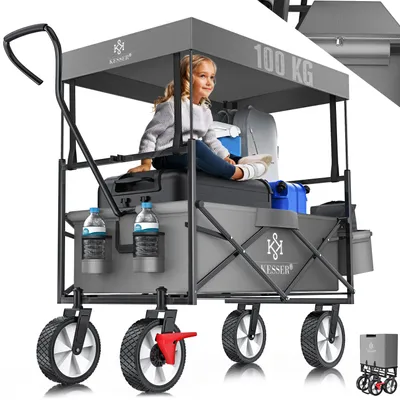 Produktbild von KESSER® Bollerwagen faltbar mit Dach Handwagen Transportkarre Gerätewagen | inkl. 2 Netztaschen und Einer Außentasche | klappbar | Vollgummi-Reifen | bis 100 kg Tragkraft | Mit Vorderrad-Bremse