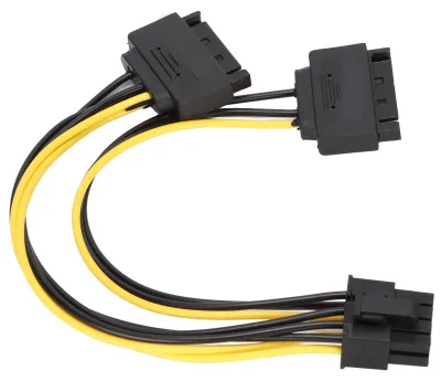 Obrázok produktu pre 2 ks napájacích káblov, dvojitý adaptér na napájanie grafickej karty s konektormi 15-pin SATA a 8-pin PCIe (samec) – príslušenstvo k počítaču