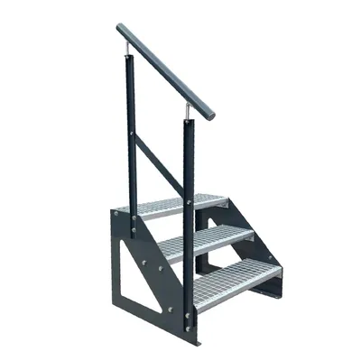 Zdjęcie produktu dla Kratownicowe stalowe schody wolnostojące 3 stopnie ocynkowane i malowane proszkowo na kolor antracytowy + poręcz lewa - (dł. x szer. x wys.) 63 cm x 100 cm x 57 cm