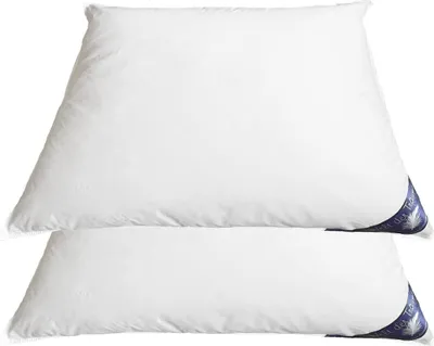 Two white pillows stacked on a white background.