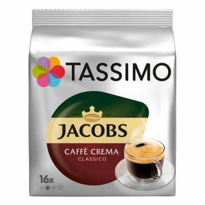 A package of Tassimo Jacobs Caffè Crema Classico coffee pods.