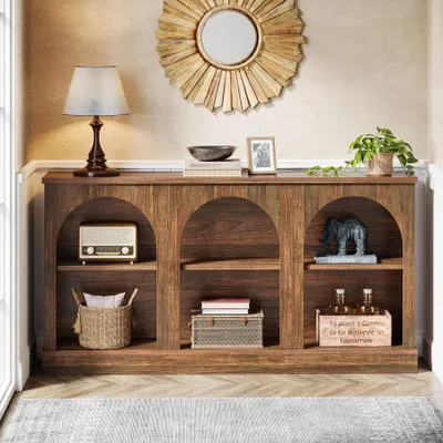 Productafbeelding van Console tafel met opbergruimte, 160 cm lang, gebogen console tafel, salontafel van hout, 3 niveaus, landelijke stijl, geschikt voor de hal, donkerbruin